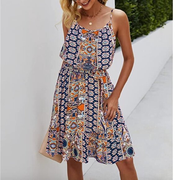 Navy Blue Boho Tribal Printed Belted Ruffle A-Line Sleeveless Blouson Mini Dress - Picture 1 of 6